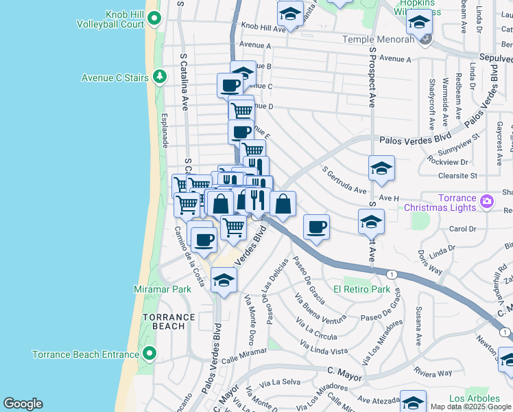 map of restaurants, bars, coffee shops, grocery stores, and more near 1650 California 1 in Redondo Beach