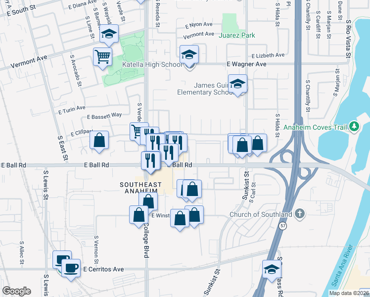 map of restaurants, bars, coffee shops, grocery stores, and more near 2144 East Almont Avenue in Anaheim