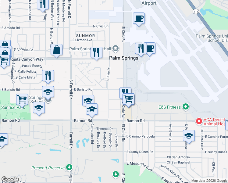 map of restaurants, bars, coffee shops, grocery stores, and more near 401 El Cielo Road in Palm Springs