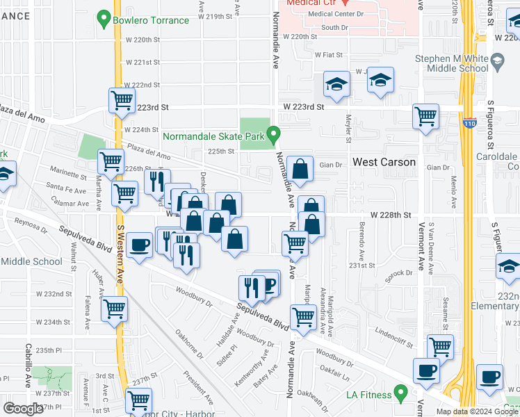 map of restaurants, bars, coffee shops, grocery stores, and more near 1323 West 228th Street in Torrance