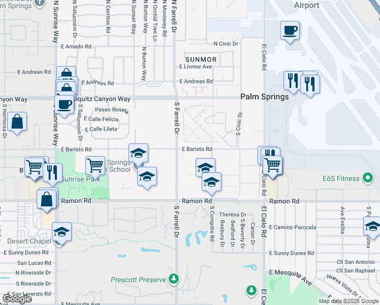 map of restaurants, bars, coffee shops, grocery stores, and more near 2777 East Baristo Road in Palm Springs