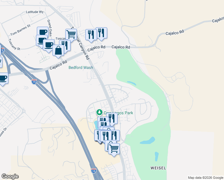 map of restaurants, bars, coffee shops, grocery stores, and more near 4156 Windspring Street in Corona