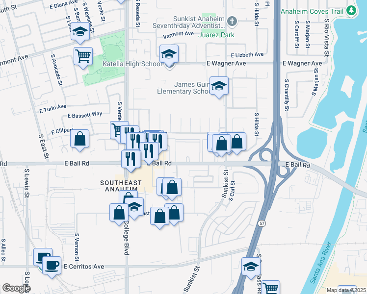 map of restaurants, bars, coffee shops, grocery stores, and more near 1180 South Belhaven Street in Anaheim
