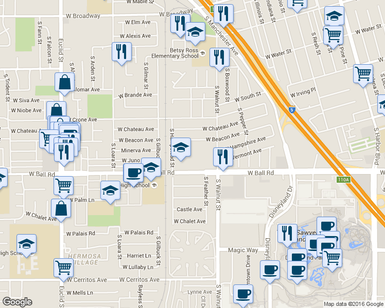 map of restaurants, bars, coffee shops, grocery stores, and more near 891 South Walnut Street in Anaheim