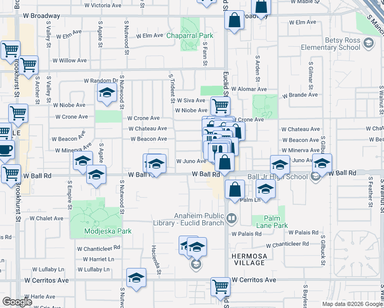 map of restaurants, bars, coffee shops, grocery stores, and more near 1762 West Minerva Avenue in Anaheim
