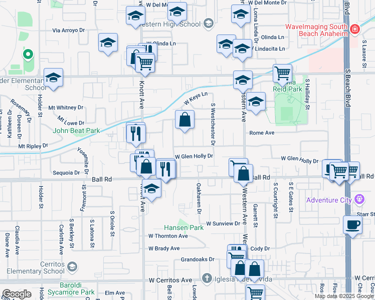 map of restaurants, bars, coffee shops, grocery stores, and more near 3335 West Glen Holly Drive in Anaheim