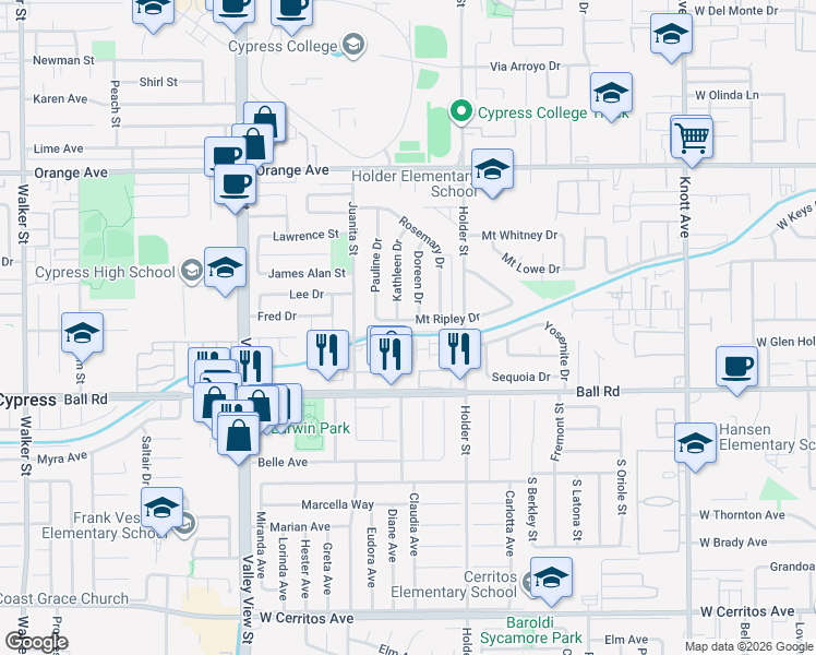 map of restaurants, bars, coffee shops, grocery stores, and more near 6368 Mount Ripley Drive in Cypress