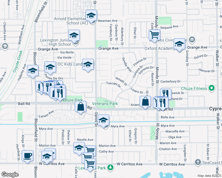 map of restaurants, bars, coffee shops, grocery stores, and more near 9879 Novara Lane in Cypress