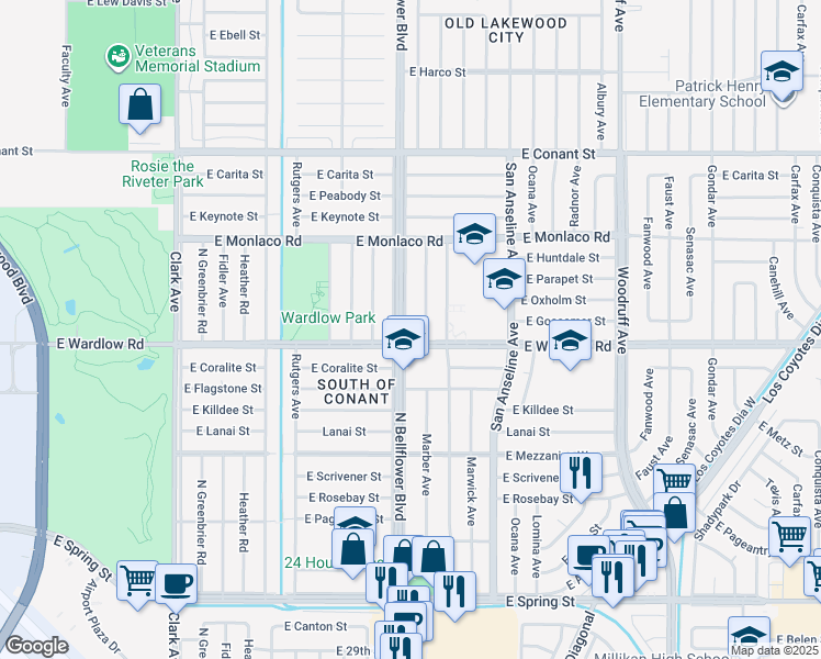 map of restaurants, bars, coffee shops, grocery stores, and more near in Long Beach