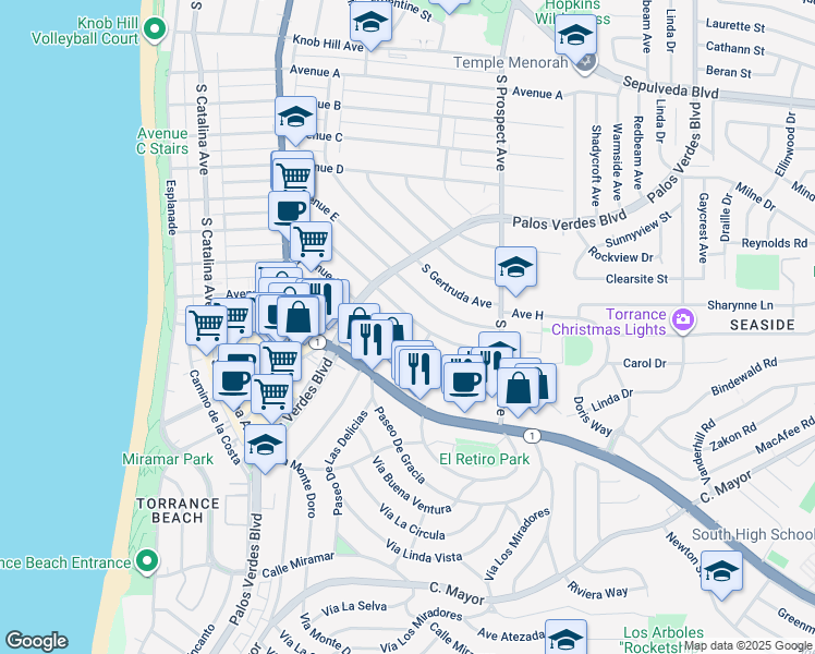 map of restaurants, bars, coffee shops, grocery stores, and more near 430 Avenue F in Redondo Beach