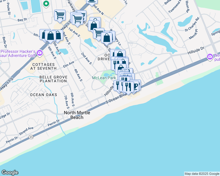 map of restaurants, bars, coffee shops, grocery stores, and more near 214 2nd Avenue South in North Myrtle Beach
