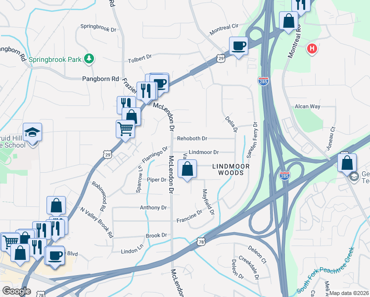 map of restaurants, bars, coffee shops, grocery stores, and more near 3166 Lindmoor Drive in Decatur
