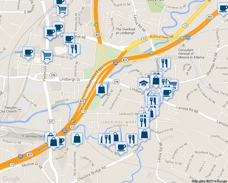 map of restaurants, bars, coffee shops, grocery stores, and more near 2371 Armand Road Northeast in Atlanta