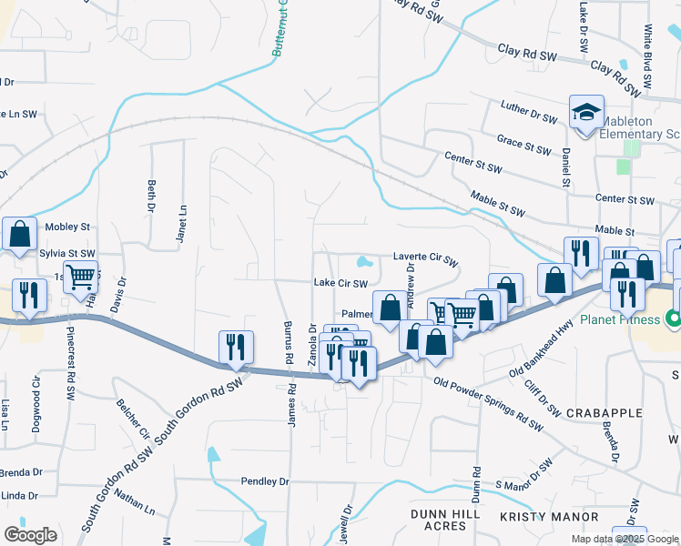 map of restaurants, bars, coffee shops, grocery stores, and more near 5541 Wild Cherry Drive Southwest in Mableton