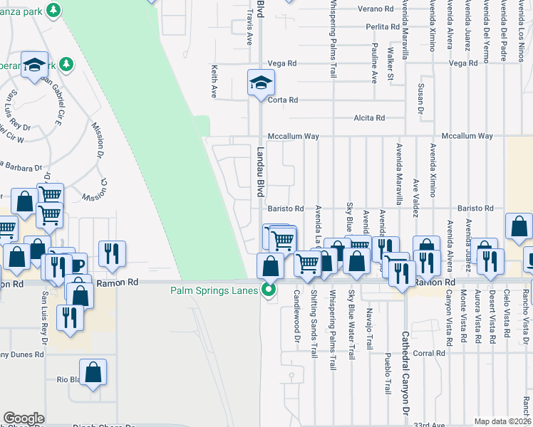 map of restaurants, bars, coffee shops, grocery stores, and more near 31520 Landau Boulevard in Cathedral City