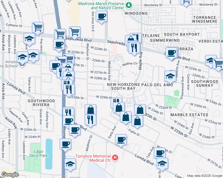map of restaurants, bars, coffee shops, grocery stores, and more near in Torrance