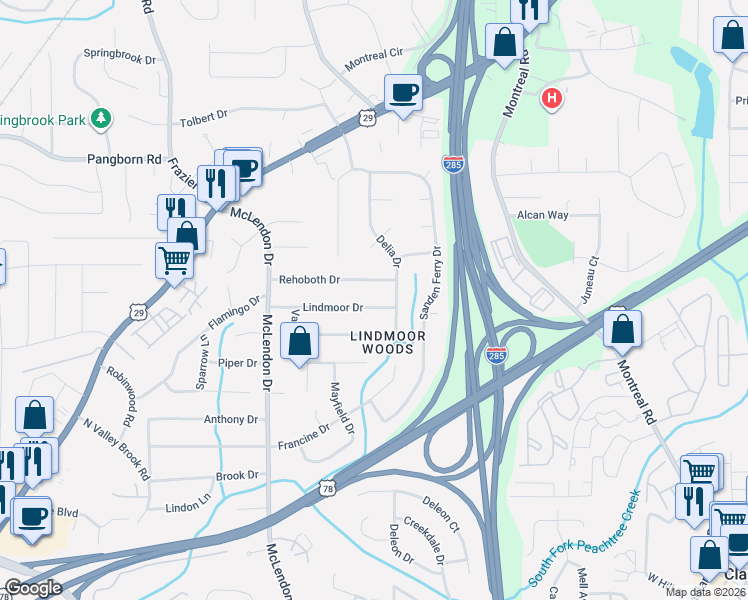 map of restaurants, bars, coffee shops, grocery stores, and more near 3237 Lindmoor Drive in Decatur