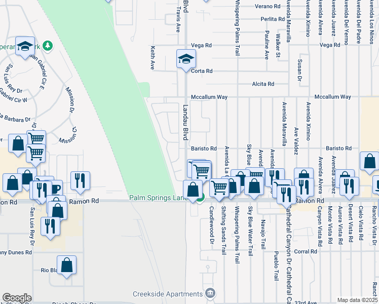 map of restaurants, bars, coffee shops, grocery stores, and more near 31520 Landau Boulevard in Cathedral City