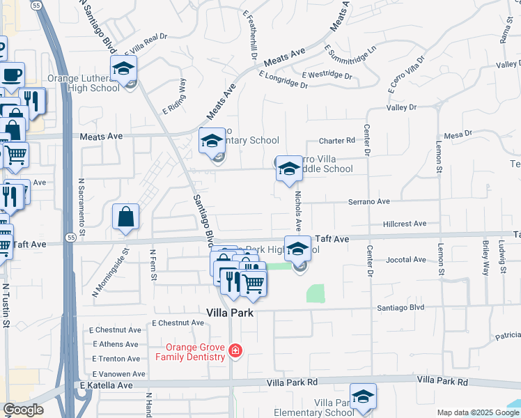 map of restaurants, bars, coffee shops, grocery stores, and more near 3105 East Blueridge Avenue in Orange