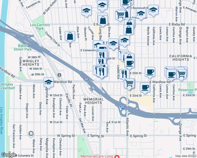map of restaurants, bars, coffee shops, grocery stores, and more near 3401 Long Beach Boulevard in Long Beach