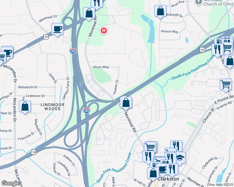 map of restaurants, bars, coffee shops, grocery stores, and more near 1327 Juneau Court in Tucker