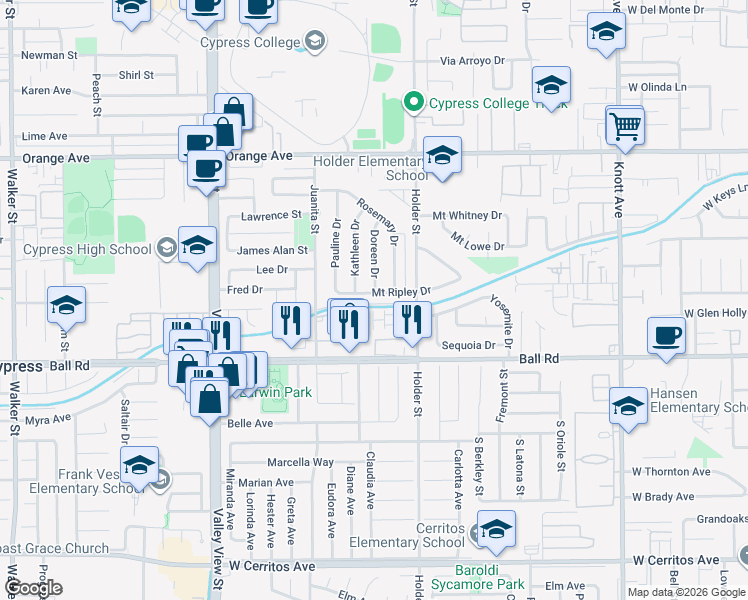 map of restaurants, bars, coffee shops, grocery stores, and more near 6368 Mount Ripley Drive in Cypress