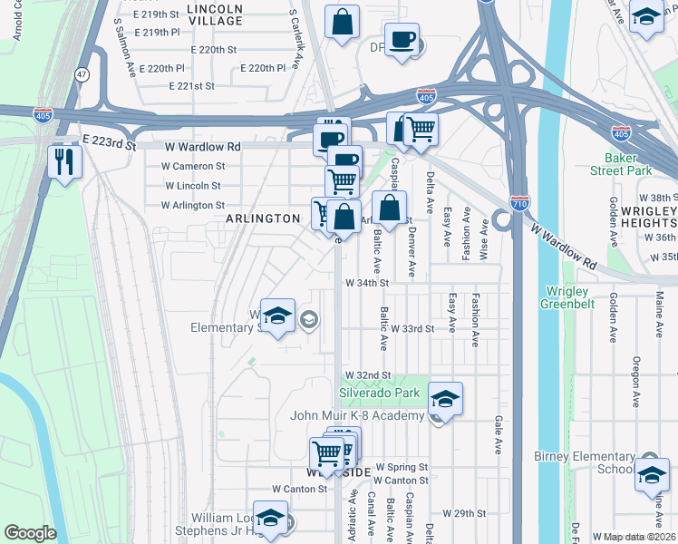map of restaurants, bars, coffee shops, grocery stores, and more near Santa Fe Avenue in Long Beach