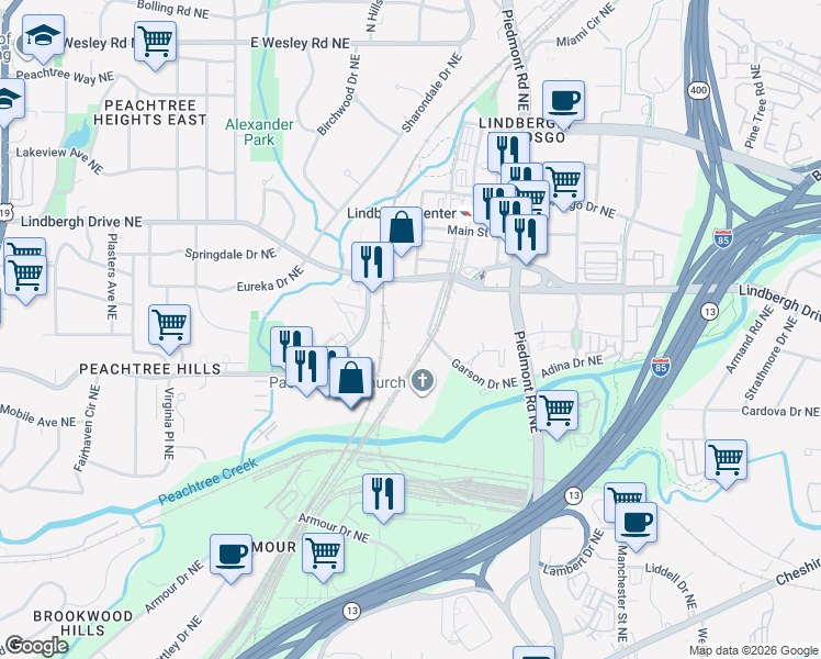 map of restaurants, bars, coffee shops, grocery stores, and more near 485 Lindbergh Place Northeast in Atlanta