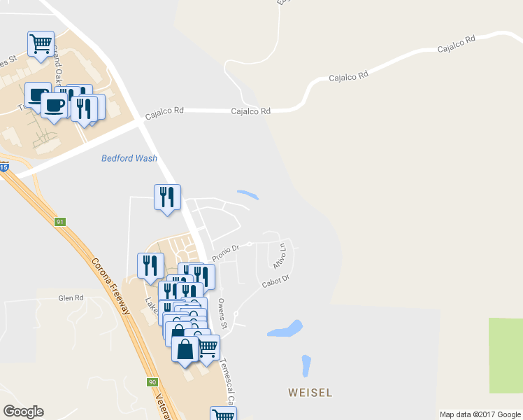 map of restaurants, bars, coffee shops, grocery stores, and more near 2991 Breezy Meadow Circle in Corona