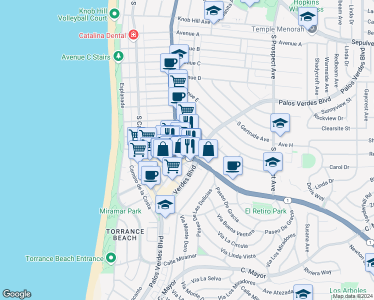 map of restaurants, bars, coffee shops, grocery stores, and more near 1640 California 1 in Redondo Beach