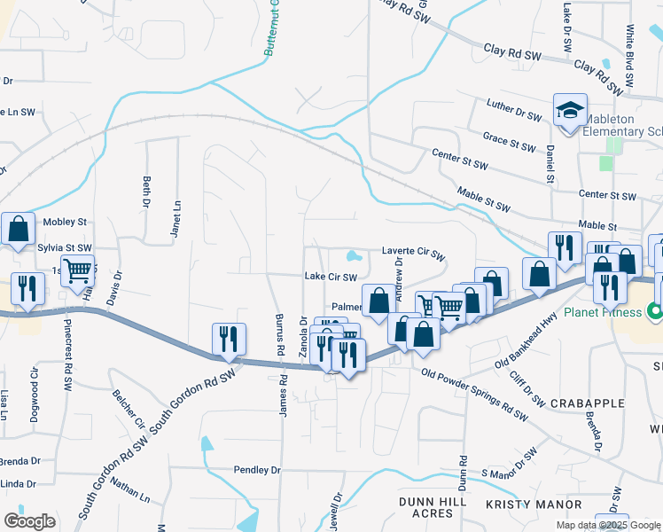 map of restaurants, bars, coffee shops, grocery stores, and more near 5541 Wild Cherry Drive Southwest in Mableton