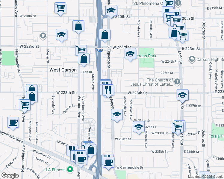 map of restaurants, bars, coffee shops, grocery stores, and more near 22718 Figueroa Street in Carson