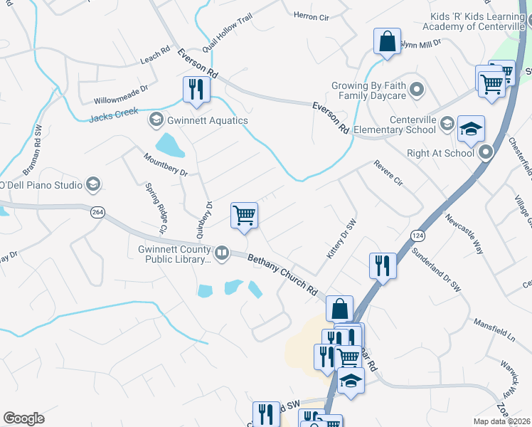 map of restaurants, bars, coffee shops, grocery stores, and more near 3522 Kittery Drive Southwest in Snellville