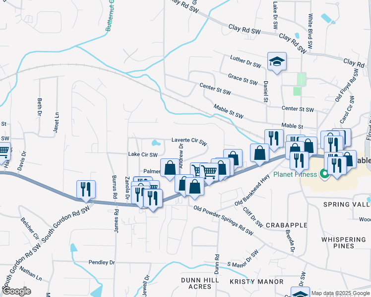 map of restaurants, bars, coffee shops, grocery stores, and more near 5538 Andrew Drive in Mableton