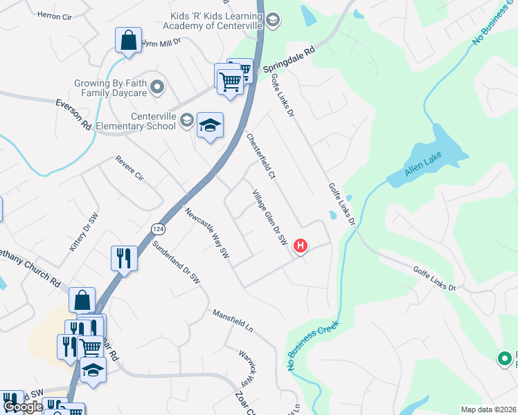 map of restaurants, bars, coffee shops, grocery stores, and more near 3227 Village Glen Drive Southwest in Snellville