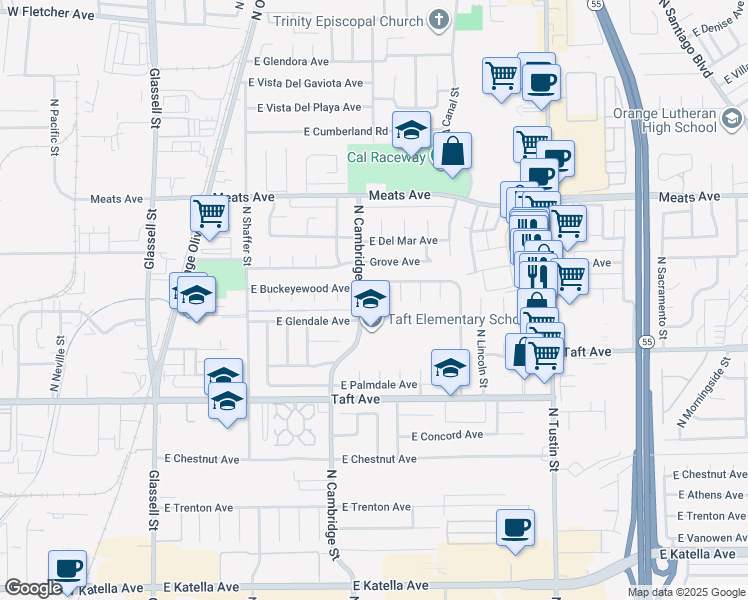 map of restaurants, bars, coffee shops, grocery stores, and more near 1894 North Silverwood Street in Orange