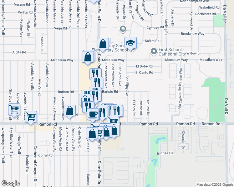 map of restaurants, bars, coffee shops, grocery stores, and more near 69150 Garner Avenue in Cathedral City