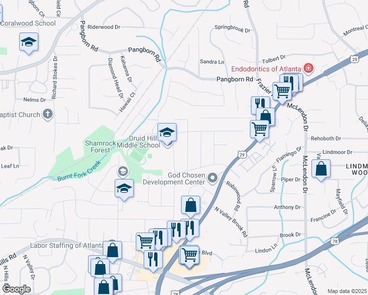 map of restaurants, bars, coffee shops, grocery stores, and more near 1324 Faraday Place in Decatur