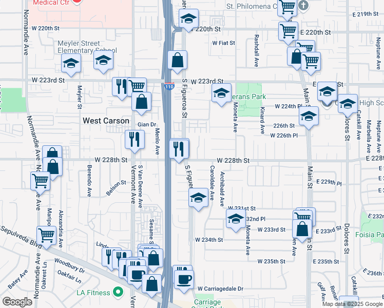 map of restaurants, bars, coffee shops, grocery stores, and more near 22718 Figueroa Street in Carson