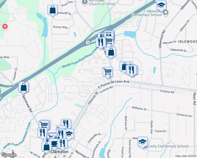 map of restaurants, bars, coffee shops, grocery stores, and more near 3740 Prescott Ridge Circle in Clarkston