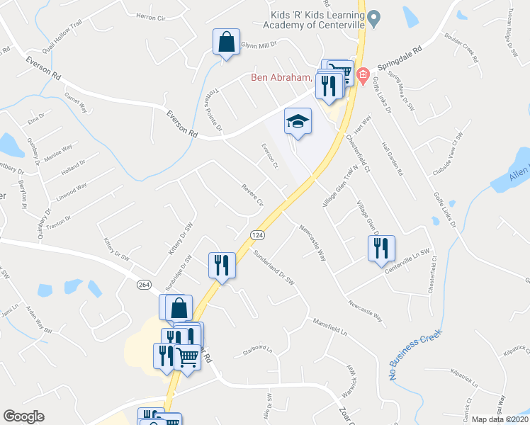 map of restaurants, bars, coffee shops, grocery stores, and more near 3185 Revere Circle in Snellville