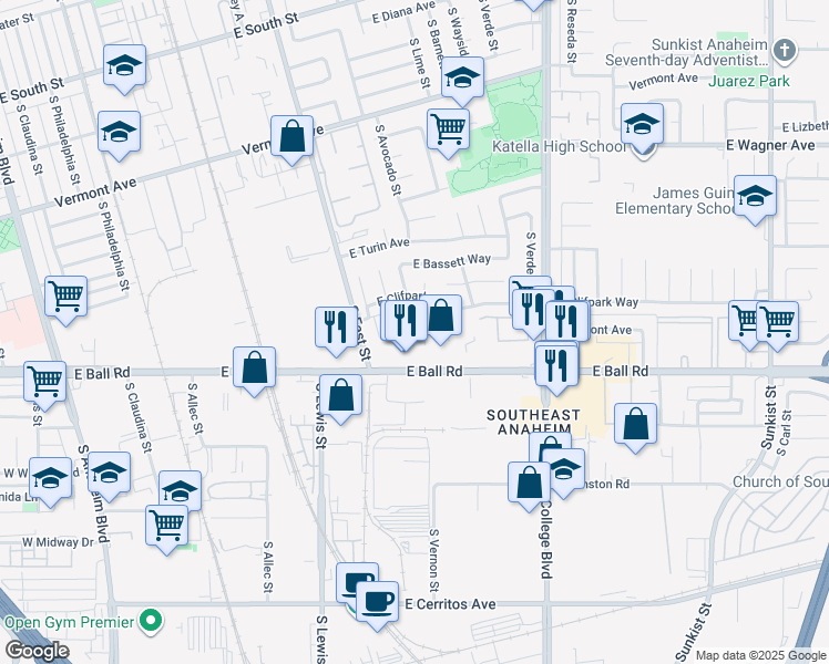 map of restaurants, bars, coffee shops, grocery stores, and more near 1266 East Bell Avenue in Anaheim