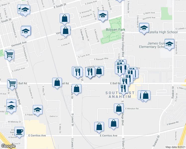 map of restaurants, bars, coffee shops, grocery stores, and more near 1266 East Bell Avenue in Anaheim