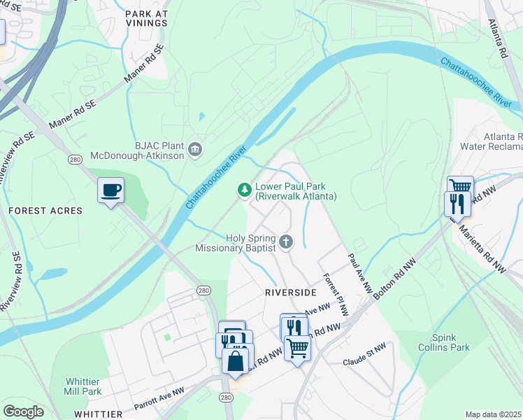 map of restaurants, bars, coffee shops, grocery stores, and more near 2363 Paul Avenue Northwest in Atlanta
