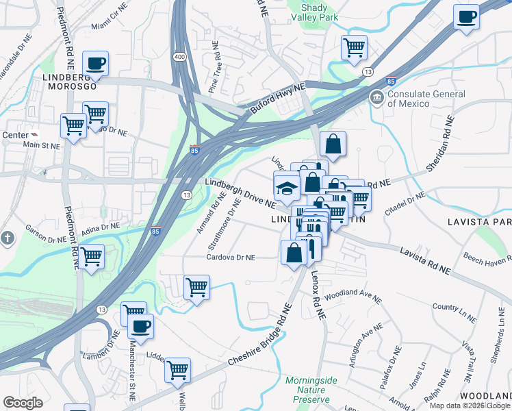 map of restaurants, bars, coffee shops, grocery stores, and more near 974 Northrope Drive Northeast in Atlanta