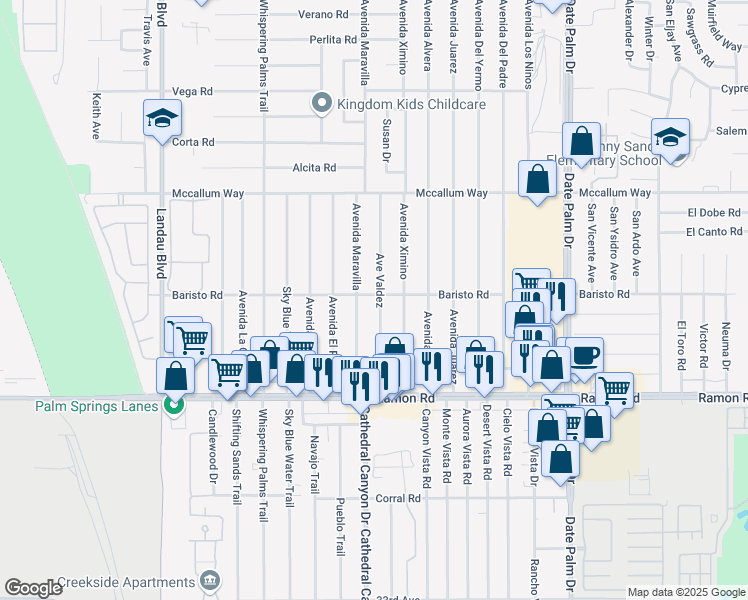 map of restaurants, bars, coffee shops, grocery stores, and more near 31521 Avenue Valdez in Cathedral City
