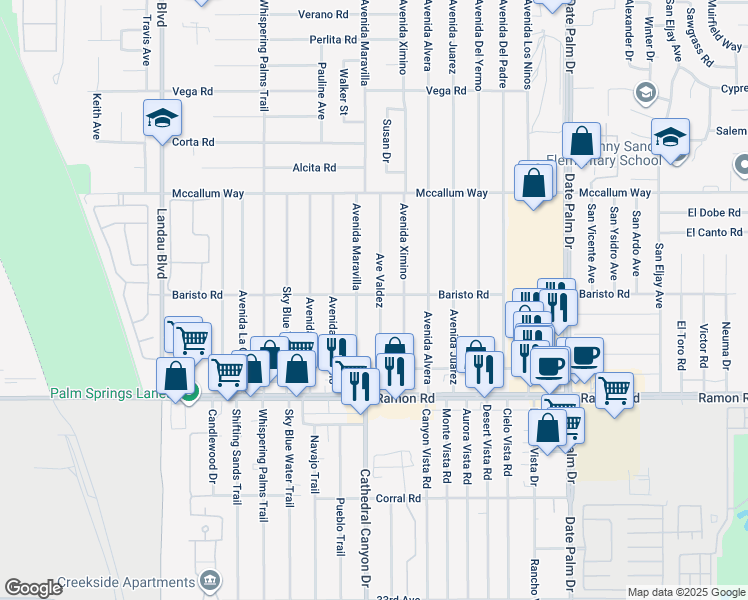 map of restaurants, bars, coffee shops, grocery stores, and more near 31521 Avenue Valdez in Cathedral City