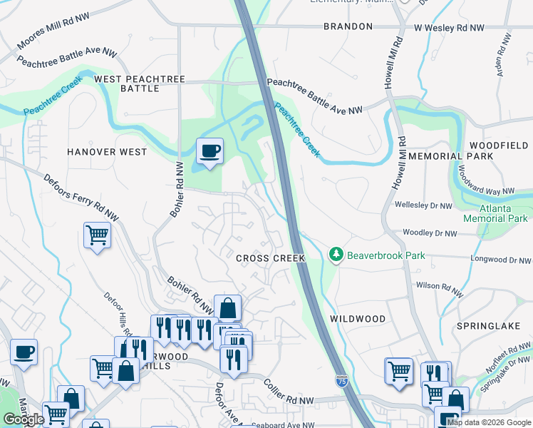 map of restaurants, bars, coffee shops, grocery stores, and more near 77 De Arc Place Northwest in Atlanta