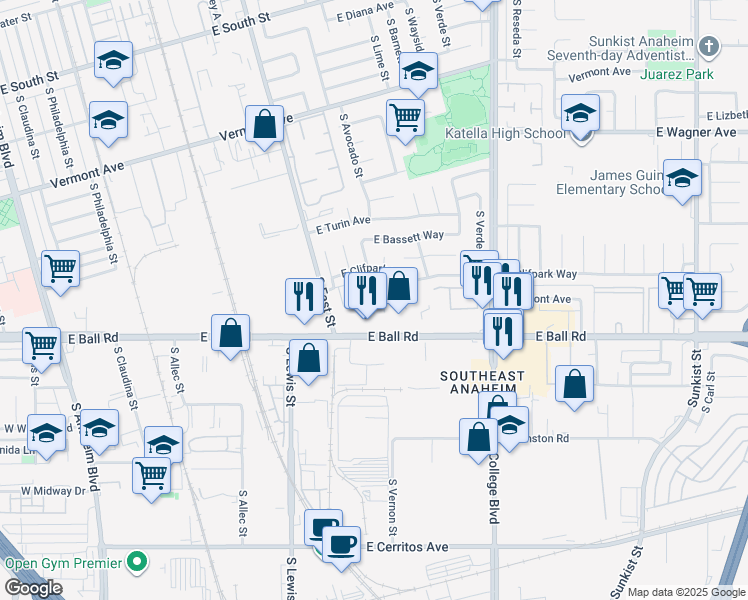 map of restaurants, bars, coffee shops, grocery stores, and more near 1266 East Bell Avenue in Anaheim