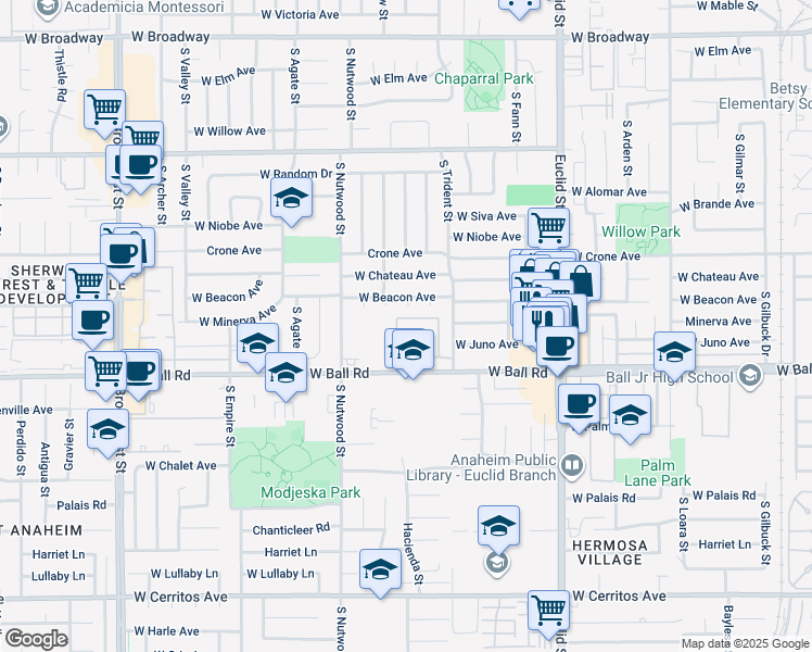 map of restaurants, bars, coffee shops, grocery stores, and more near in Anaheim